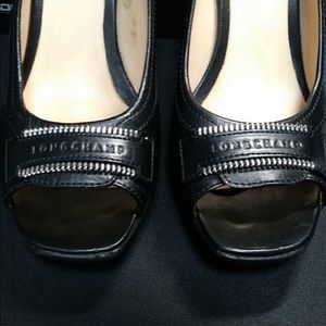 LONGCHAMP Stacked Heels 4inch Pumps Leather 38/7